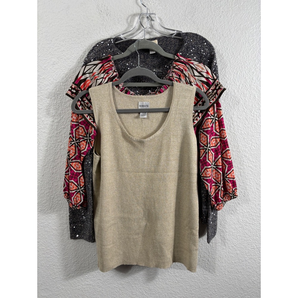 Chico's‎ Lot of 3 Tops Jacket Size 3 Metallic Tank Sequin Cardigan Boho Moto